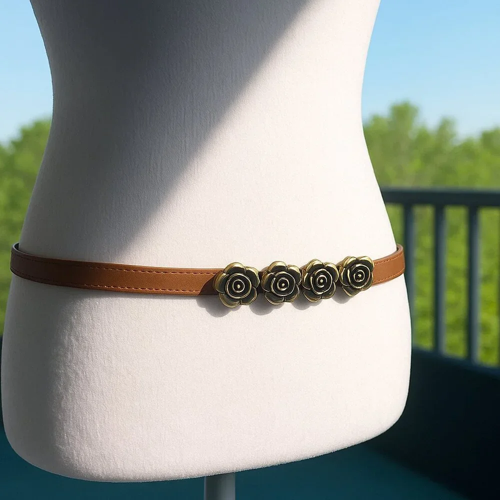 Brown Leather Adjustable Belt with Antique Gold Rose Buckle